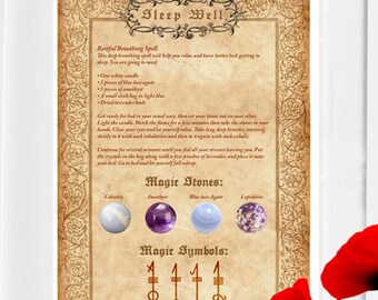 May include: Printable sleep well spell with herbs, stones, colors and symbols. The spell includes instructions for a relaxing breathing exercise, a list of stones and symbols, and a list of herbs. The image is in a vintage style with a brown background and ornate borders.