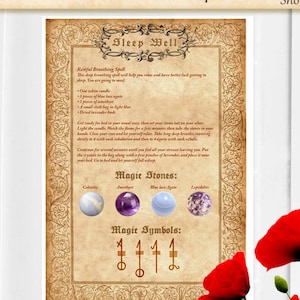 May include: Printable sleep well spell with herbs, stones, colors and symbols. The spell includes instructions for a relaxing breathing exercise, a list of stones and symbols, and a list of herbs. The image is in a vintage style with a brown background and ornate borders.