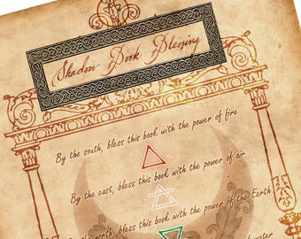 May include: A vintage-style parchment paper with an ornate border and text that reads "Shadow Bork Blening". The text is in a decorative font and is surrounded by intricate designs. The parchment is a light brown color and has a textured surface. The text includes the words "By the south, bless this book with the power of fire" and "By the east, bless this book with the power of air". The parchment is 8.26 inches by 11.69 inches and is 2480 pixels by 3508 pixels.
