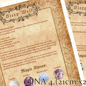 May include: A printable digital download for a sleep well spell with instructions, a list of magic stones and herbs, and a  'DINA 4, (21cm x 29.7cm)' measurement. The image is on a parchment background with a decorative border.