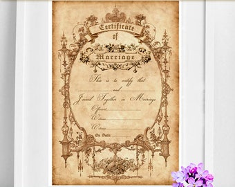 Certificado de matrimonio imprimible estilo victoriano 02. Vintage. Descarga digital imprimible jpg. pdf.