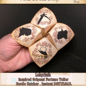 Adivino de origami inspirado en laberinto de bricolaje, atrapasueños, juego de papel artesanal, DESCARGA instantánea imprimible, perfecto para la fiesta de los amantes del cine.