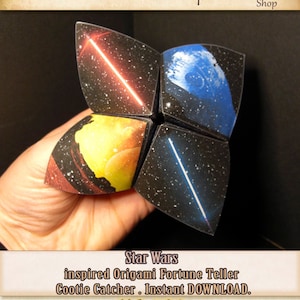 Op DIY Star Wars-film geïnspireerde origami-cootievanger, eenvoudig knutselen voor feest, afdrukbare digitale download, activiteiten voor chatterbox, leuk idee