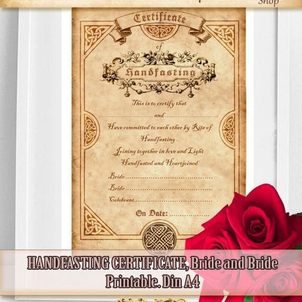 CERTIFICAT DE HANDFASTING imprimable 09, DIGITAL, effet de parchemin, celtique, signes pour la mariée et la mariée et le célébrant, mariage lgtbiq +