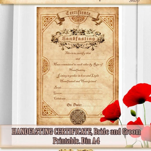 Printable HANDFASTING CERTIFICATE 09, DIGITAL, print effect of parchment, space for signatures for the bride and groom & the celebrant.