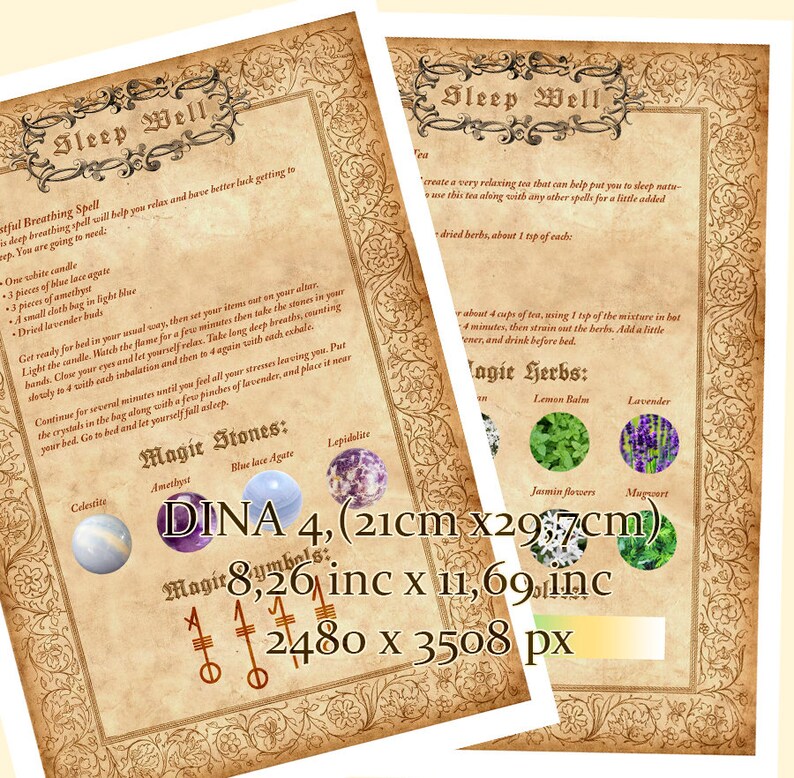 May include: A printable digital download for a sleep well spell with instructions, a list of magic stones and herbs, and a  'DINA 4, (21cm x 29.7cm)' measurement. The image is on a parchment background with a decorative border.