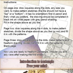 May include: A page of instructions for a Zentangle art project. The page has a title that says "Ana Circea Shop" and includes the text "Introduction to Zentangle, Free your mind".
