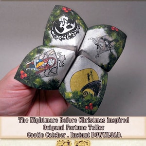 Pu&ograve; includere: Un indovino di origami o cootie catcher stampabile ispirato a Nightmare Before Christmas. L'artigianato di carta presenta personaggi del film, tra cui Jack Skellington e Sally.