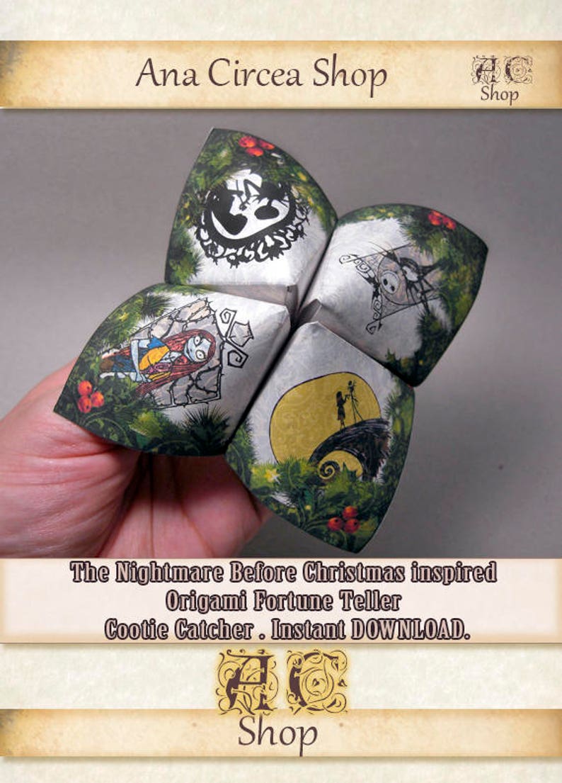 Pu&ograve; includere: Un indovino di origami o cootie catcher stampabile ispirato a Nightmare Before Christmas. L'artigianato di carta presenta personaggi del film, tra cui Jack Skellington e Sally.