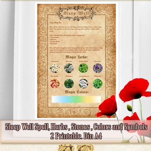 May include: Printable guide with a vintage aesthetic featuring a sleep well spell, herbs, stones, colors, and symbols. The guide includes a list of herbs, such as chamomile, valerian, lemon balm, and lavender, and a color gradient.
