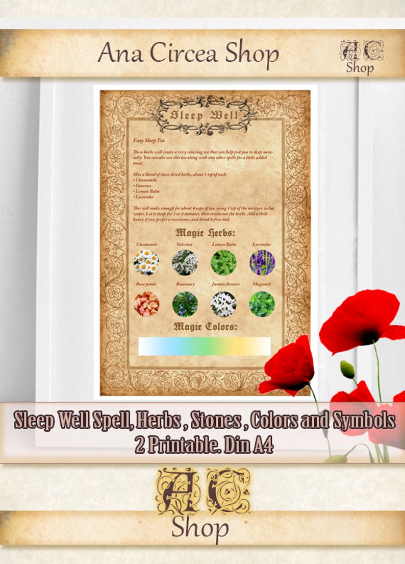 May include: Printable guide with a vintage aesthetic featuring a sleep well spell, herbs, stones, colors, and symbols. The guide includes a list of herbs, such as chamomile, valerian, lemon balm, and lavender, and a color gradient.
