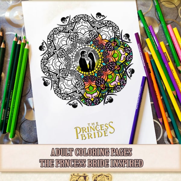 The Princess bride inspired Mandala coloring pages for adults and childs, Perfect for wedding reception table game, DIY printable activity.