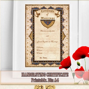 May include: A printable handfasting certificate with an ornate border and the text "Certificate of Marriage". The certificate is designed to be printed on A4 paper.
