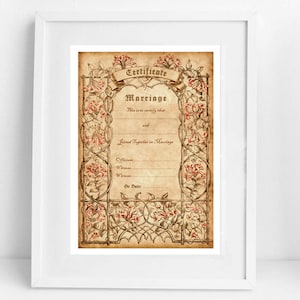 Puede incluir: Un certificado de matrimonio de estilo vintage con un borde decorativo de flores y enredaderas. El texto dice "Certificado de matrimonio" y "Esto es para certificar que... y... se unieron en matrimonio".