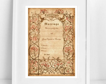 Puede incluir: Un certificado de matrimonio de estilo vintage con un borde decorativo de flores y enredaderas. El texto dice "Certificado de matrimonio" y "Esto es para certificar que... y... se unieron en matrimonio".