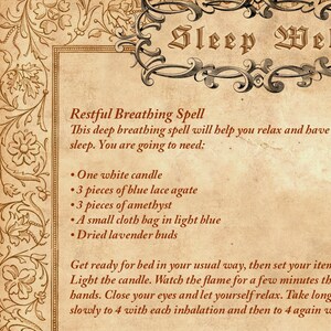 May include: A vintage-style illustration with a decorative border and text that reads "Sleep Well". The text below describes a "Restful Breathing Spell" and lists the items needed for the spell: one white candle, three pieces of blue lace agate, three pieces of amethyst, a small cloth bag in light blue, and dried lavender buds. The text also includes instructions for performing the spell.