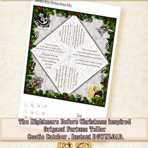 Pu&ograve; includere: Un gioco di indovinelli di origami stampabile con il tema di Nightmare Before Christmas. Il gioco di indovinelli &egrave; decorato con immagini di Jack Skellington e Sally. Il testo sul gioco di indovinelli include citazioni dal film.