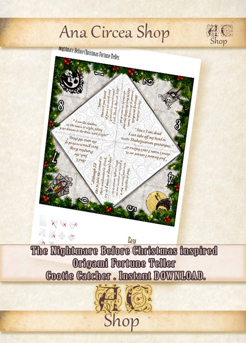 Pu&ograve; includere: Un gioco di indovinelli di origami stampabile con il tema di Nightmare Before Christmas. Il gioco di indovinelli &egrave; decorato con immagini di Jack Skellington e Sally. Il testo sul gioco di indovinelli include citazioni dal film.