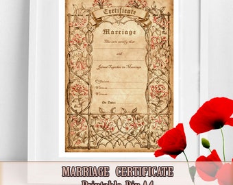 Puede incluir: Certificado de matrimonio imprimible con un diseño vintage que presenta un borde floral y un cuadro de texto para los nombres de la pareja. El certificado está impreso en un fondo tipo pergamino y tiene una combinación de colores marrón y rojo.