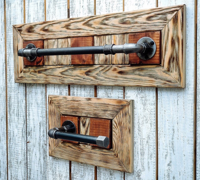 Bathroom set Towel Rack Toilet Paper Holder Rustic Wood Etsy