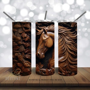 3D paard hout gesneden 20 oz skinny tuimelaar sublimatie ontwerp, 3D bruin paard rechte & taps toelopende tuimelaar wrap PNG, Coaster digitale download