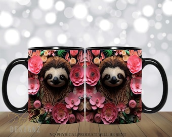 3D Sloth Flowers Mug Wrap Design, Paper Quilled Sloth Mug Wrap, 12 oz, 15 Oz Mug Sublimation Design, Sloth Mug Sublimation PNG, Digital