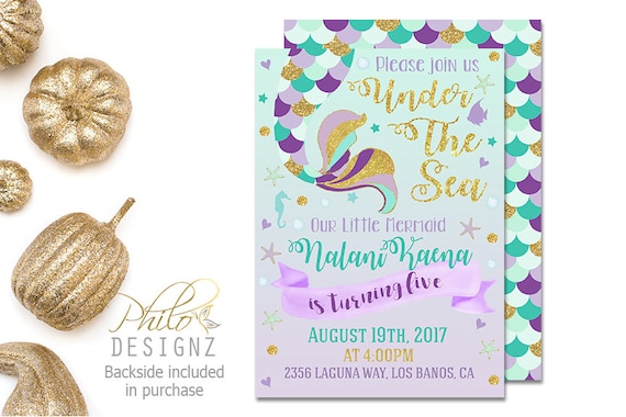 Mermaid Birthday Invitation, Mermaid Invitation, Under The Sea Birthday Invite, Under The Sea Party, Mermaid Tail Invite, Purple, teal, gold