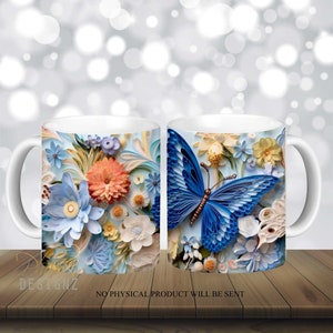 3D Blue Butterfly Quilling Mug Wrap, 12 oz, 15 Oz Mug Sublimation Design, 3D Floral Mug Sublimation, Quilled Mug Wrap PNG Download digitale