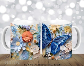 3D blauwe vlinder filigraan mok wrap, 12 oz, 15 oz mok sublimatie ontwerp, 3D bloemen mok sublimatie, Quilled mok wrap PNG digitale download