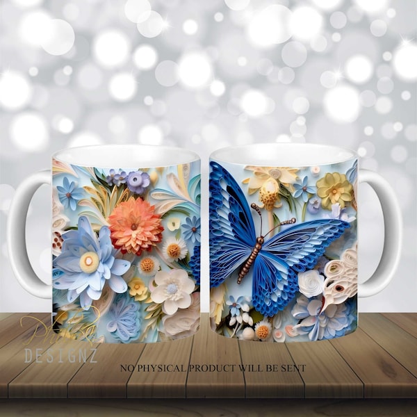 3D Blue Butterfly Quilling Mug Wrap, 12 oz, 15 Oz Mug Sublimation Design, 3D Floral Mug Sublimation, Quilled Mug Wrap PNG Digital download