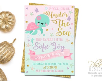 Girl Sea Turtle Invite, Pink Turtle Birthday Party Invitation, Under The Sea Birthday Invitation, Under The Sea Party, Ocean Baby Shower