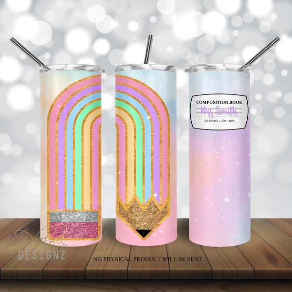 Pastell Regenbogen Glitzer Bleistift Becher, 20 Unzen dünne gerade Becher Sublimation Designs Regenbogen Bleistift Becher PNG, Lehrer Becher Wrap