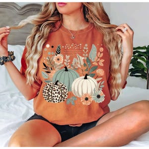 May include: A rust-coloured t-shirt with a graphic of three pumpkins, flowers, and leaves. The pumpkins are a light green, white, and brown with black spots.