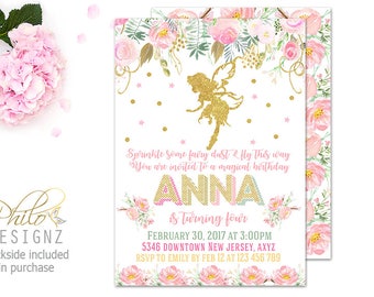 SALE Fairy Birthday Invitation, Fairy Birthday Party, Watercolor Floral Invitation, Girl Birthday Party Invitation, Gold Fairy Birthday
