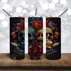 Schädel mit roten Rosen Floral 20 oz Skinny Becher Sublimation Design, Schädel gerade & konisch zulaufende Becher Wrap PNG, , Goldener Schädel Becher PNG