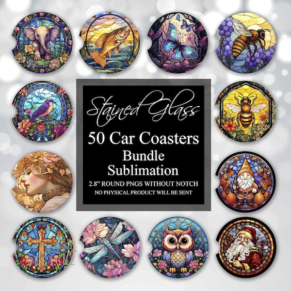 50 Stained Glass Car Coaster Sublimation Design, Car Coaster PNG Designs, Round Sublimation Design, Instant Download, Commercial Use PNG