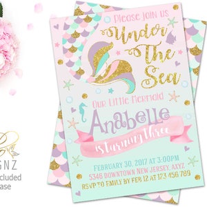 May include: A pink and blue mermaid-themed invitation with gold glitter accents. The invitation reads "Please join us Under The Sea Our Little Mermaid Anabelle is turning three February 30, 2017 at 3:00PM 5346 Downtown New Jersey, AXYZ RSVP to Emily by Feb 12 at 123 456 789".