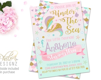 Mermaid Birthday Invitation, Mermaid Party Invitation, Under The Sea Birthday Invitation, Under The Sea Party, Mermaid Tail Invite, Digital