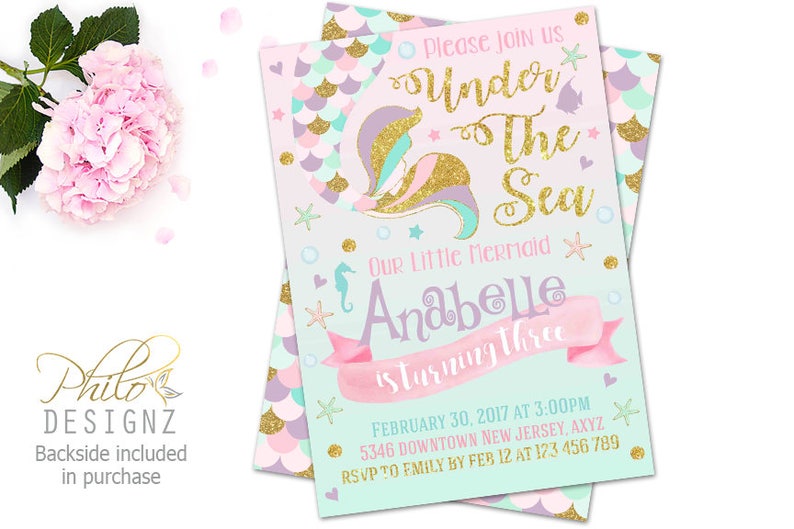 May include: A pink and blue mermaid-themed invitation with gold glitter accents. The invitation reads "Please join us Under The Sea Our Little Mermaid Anabelle is turning three February 30, 2017 at 3:00PM 5346 Downtown New Jersey, AXYZ RSVP to Emily by Feb 12 at 123 456 789".