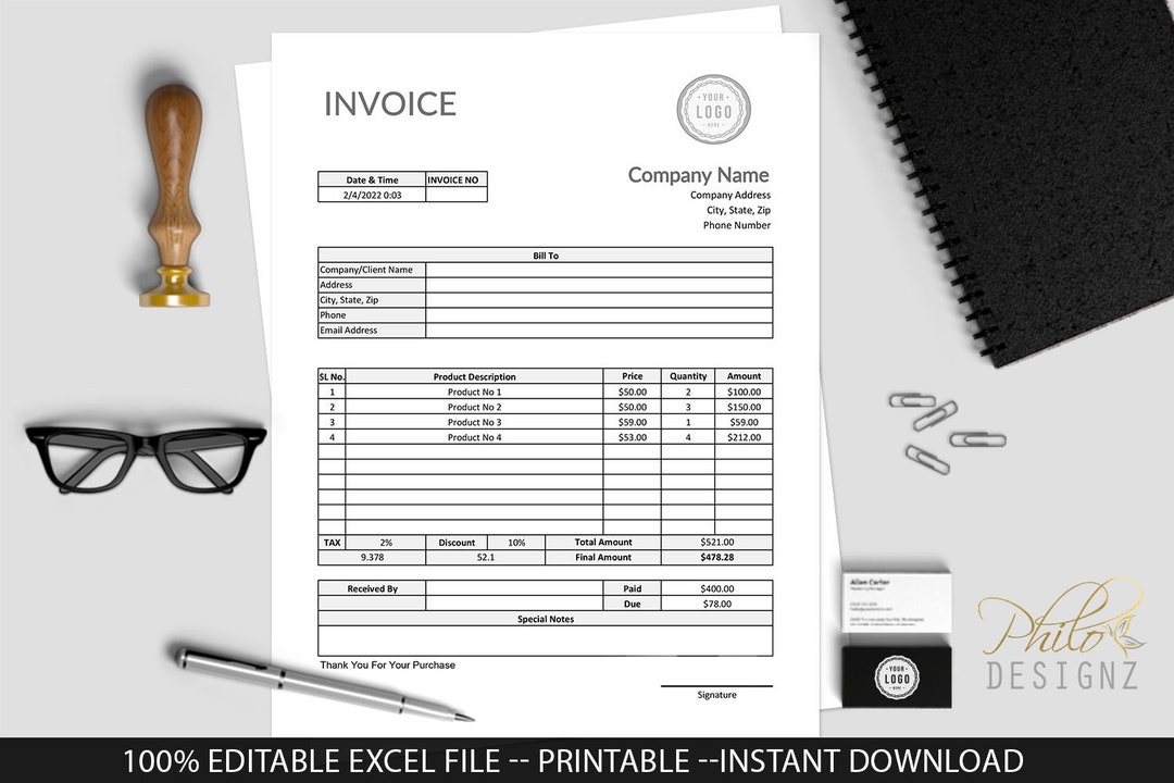 Invoice Editable Template, MS Excel Auto Calculation, Business Invoice ...