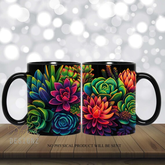 Neon Succulent Floral Mug Wrap, 12 oz And 15 Oz Mug Sublimation Design,  Cactus Succulent Mug Sublimation, Mug Wrap PNG Digital download