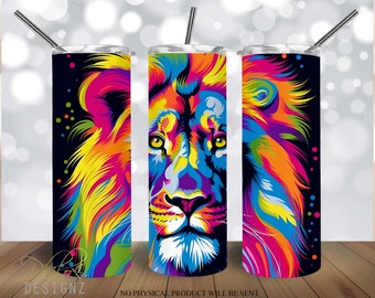 Colorful Lion Neon Leo tumbler 20 oz Skinny Tumbler Sublimation Design, Lion Straight & Tapered Tumbler Wrap, Coaster Instant Download PNG