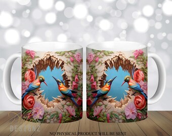 3D Birds Cracked Wall Mug Sublimation Design Digital Download PNG, Hole In A Wall Floral Mug Wrap, 12 oz and 15 oz Mugs Warp PNG, Instant