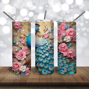3D Peacock Tumbler 20 oz Skinny Tumbler Sublimation Design, Peacock Floral Straight & Tapered Tumbler Wrap PNG, Instant Digital Download PNG