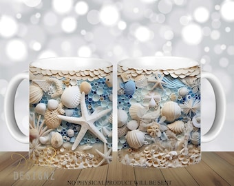 3D strand schelpen mok sublimatie ontwerp digitale download PNG 3D Starfish parels mok wrap, zeester 12 oz en 15 oz mokken Warp PNG, Instant