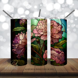 Peonies Stained Glass 20 oz Skinny Tumbler Sublimation Design, Straight & Tapered Tumbler Wrap PNG, Instant Digital Download PNG