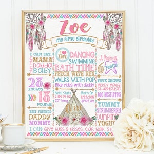 Pink Gold Tribal First Birthday Poster, Teepee Birthday Sign, Girl Tribal Birthday, Purple Pink Teal Boho Teepee Party, Shabby Chic