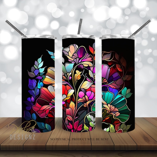 Colorful Stained Glass Flowers  20 oz Skinny Tumbler Sublimation Design, Straight & Tapered Tumbler Wrap PNG, Instant Floral tumbler wrap