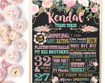 Boho Floral First Birthday Party sign poster, Watercolor Flowers 1st birthday chalkboard, Boho Floral chalkboard, Tribal birthday, Printable