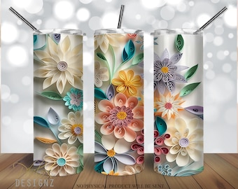 Paper Quilling Pastel Floral 20 oz Skinny Tumbler Sublimation Design, Straight & Tapered Tumbler Wrap PNG, Instant Digital Download PNG